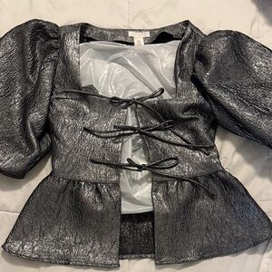 H&M Metallic Black Tie-Front Top